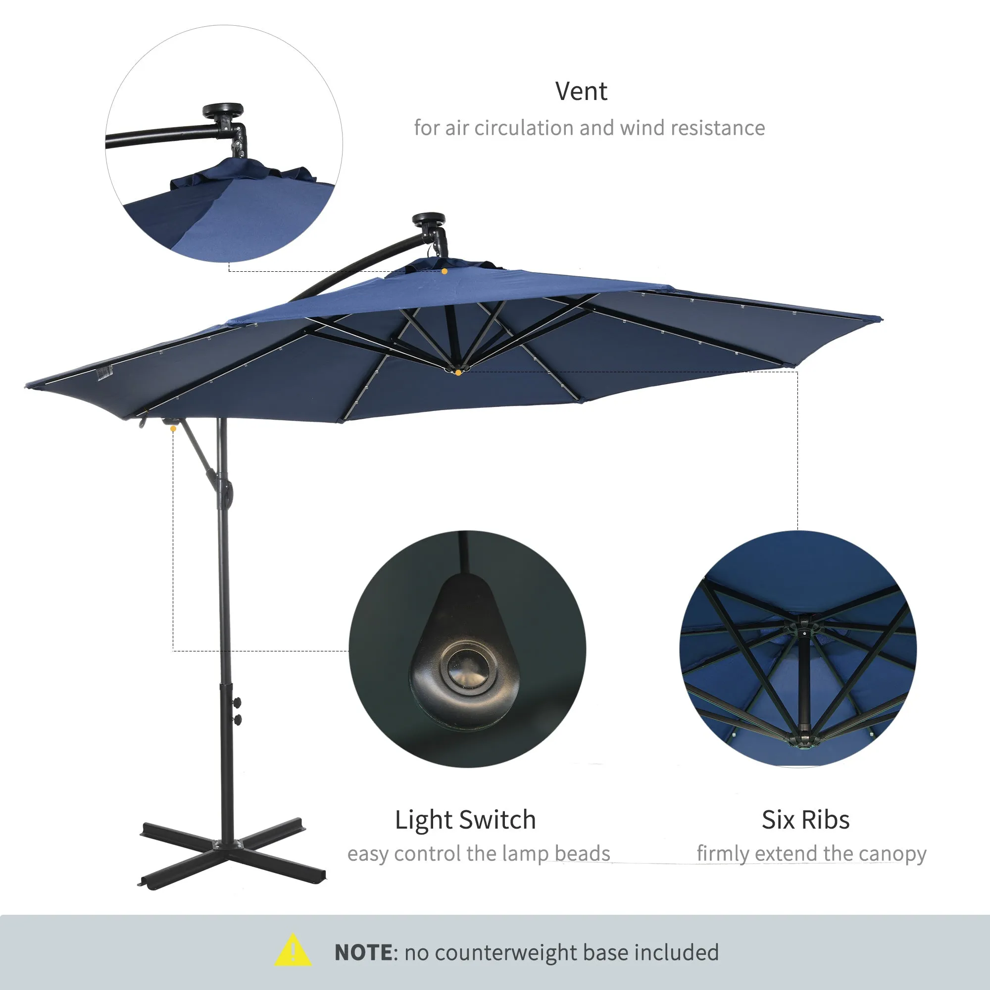 10 ft. Cantilever Outdoor Patio Umbrella with Solar Lights - Navy Blue