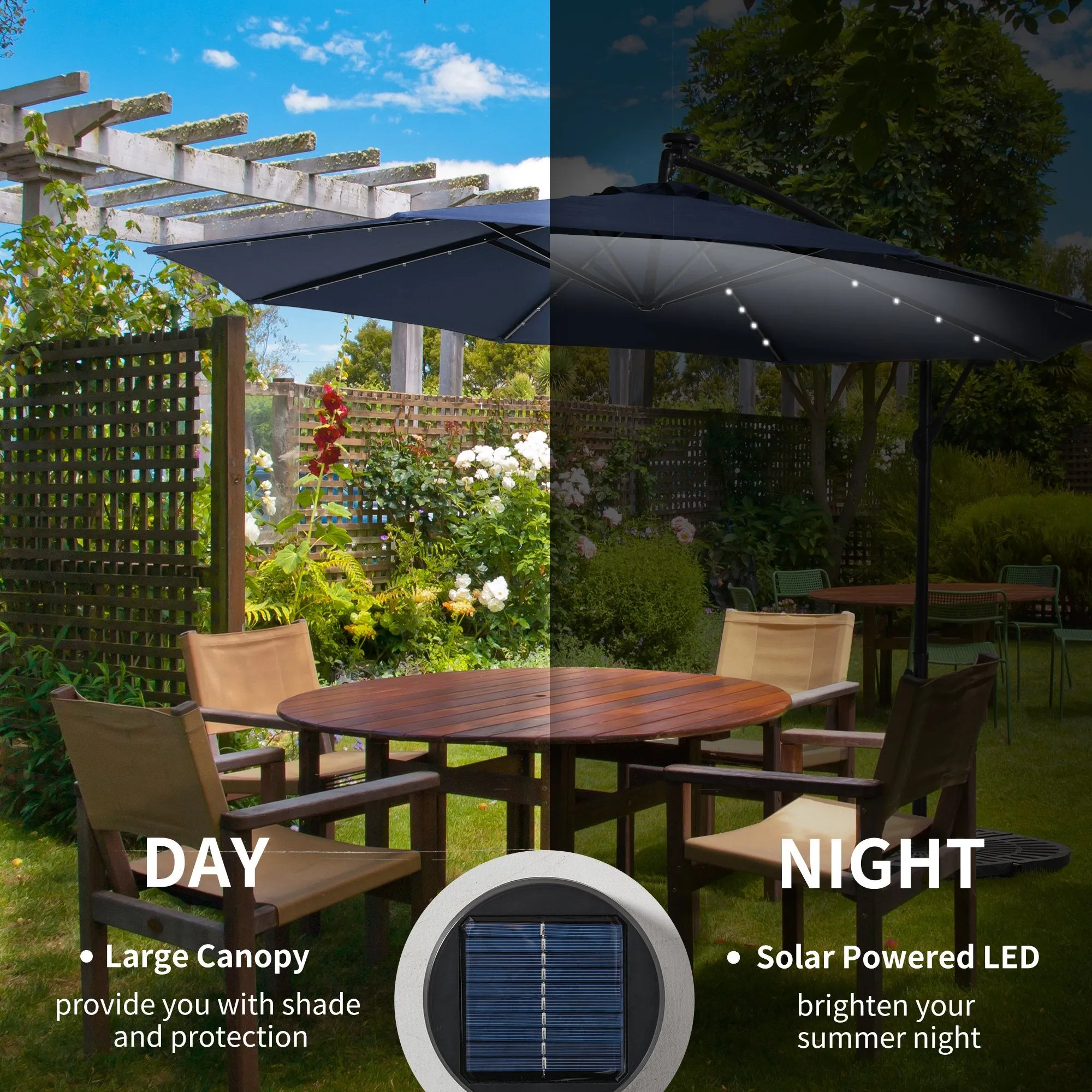 10 ft. Cantilever Outdoor Patio Umbrella with Solar Lights - Navy Blue