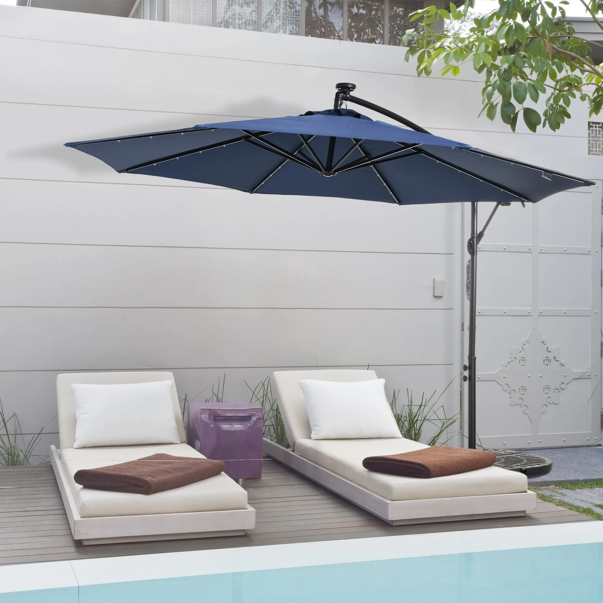 10 ft. Cantilever Outdoor Patio Umbrella with Solar Lights - Navy Blue