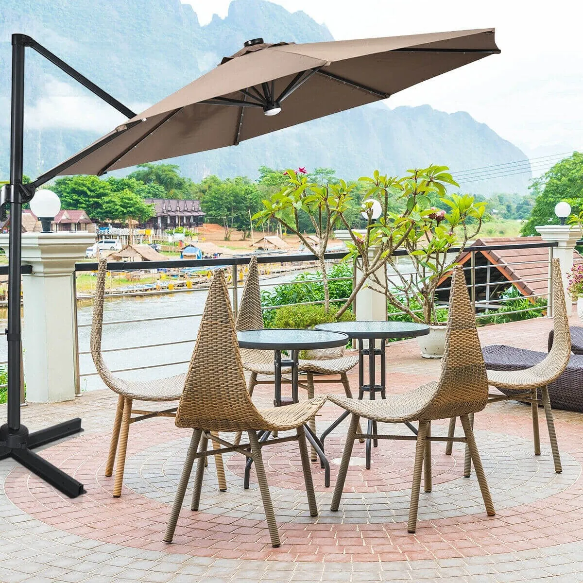 10 Ft. Patio Offset Cantilever Umbrella with Solar Lights - Coffee