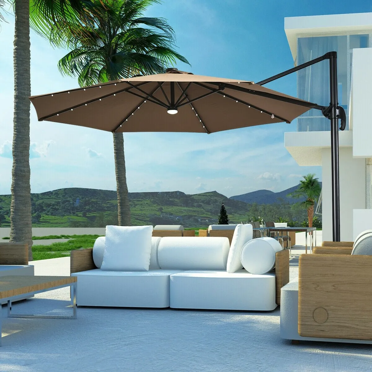 10 Ft. Patio Offset Cantilever Umbrella with Solar Lights - Coffee