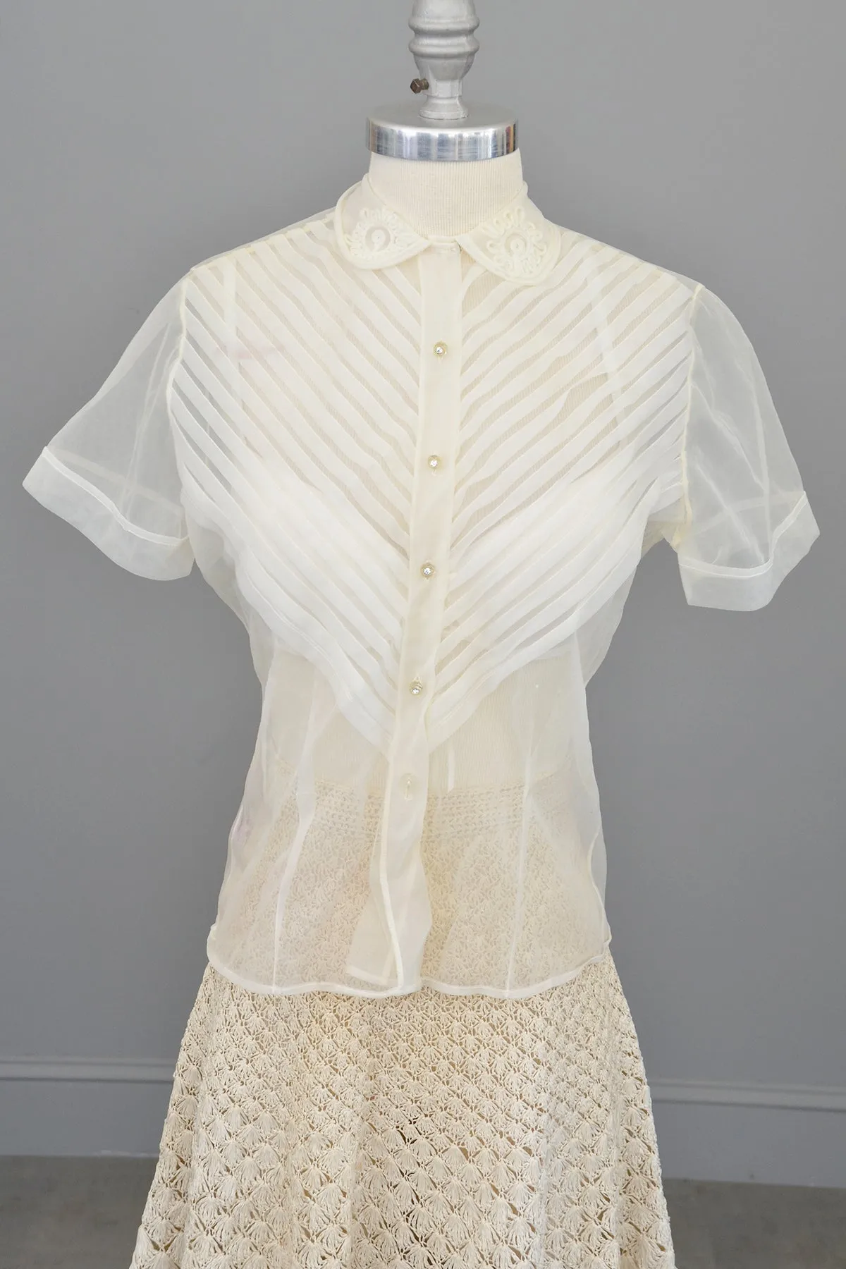 1950s White Sheer Nylon Pleated Blouse