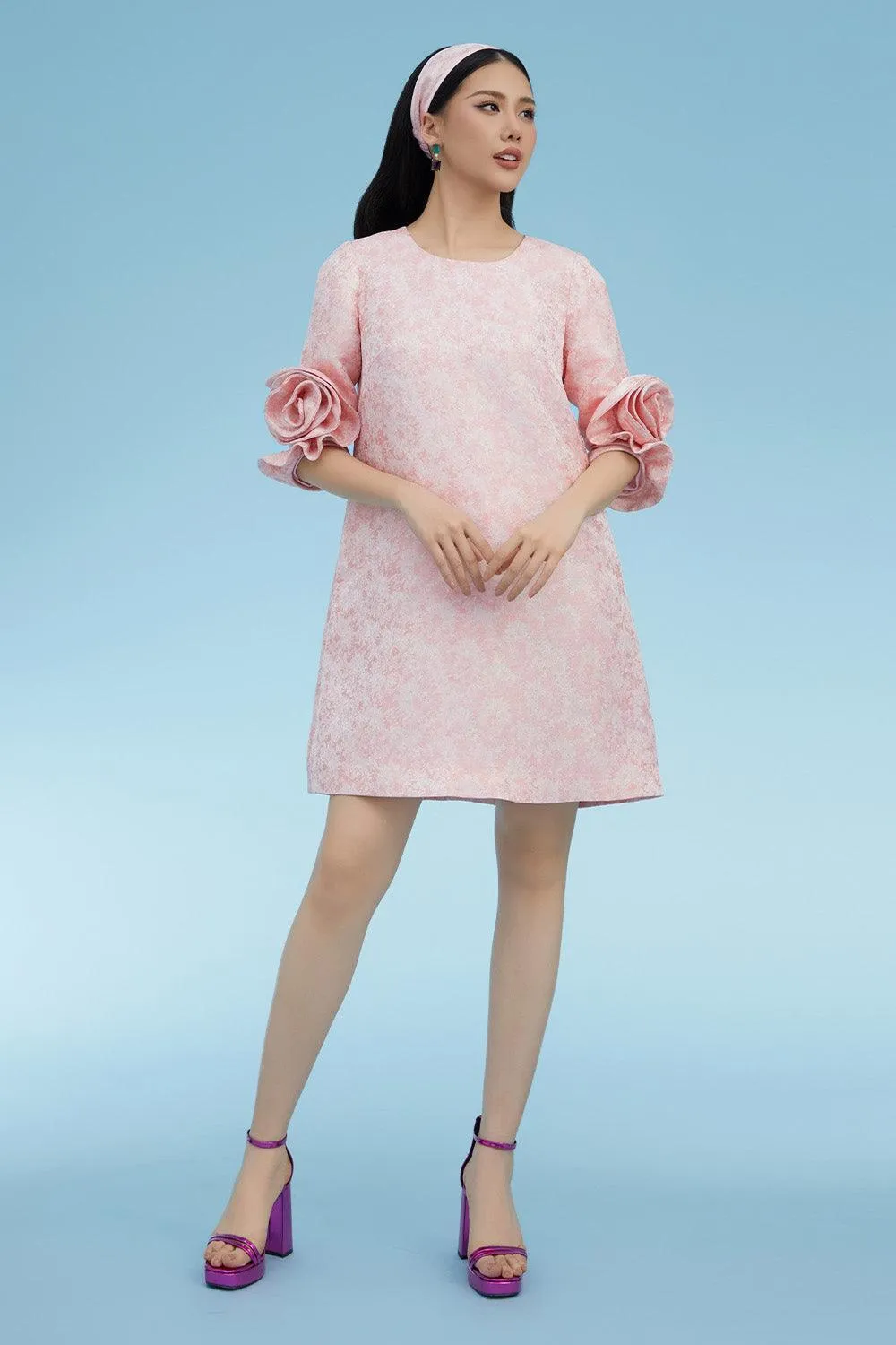 Aarav Trapezoid Flower Applique Brocade Above The Knee Dress