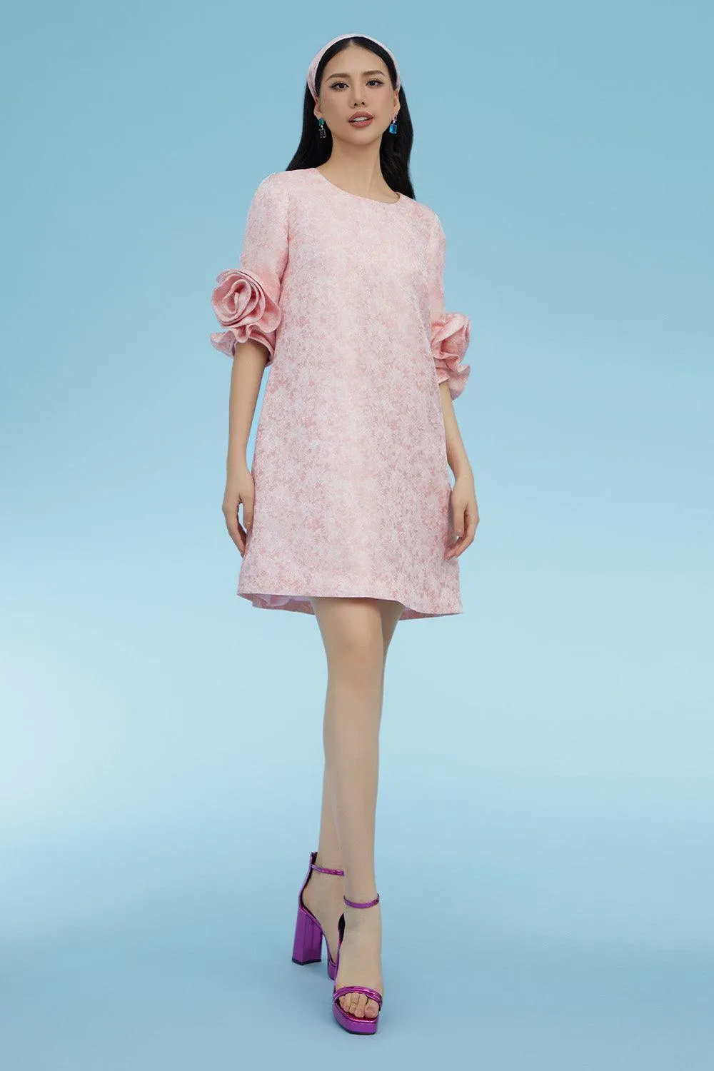 Aarav Trapezoid Flower Applique Brocade Above The Knee Dress