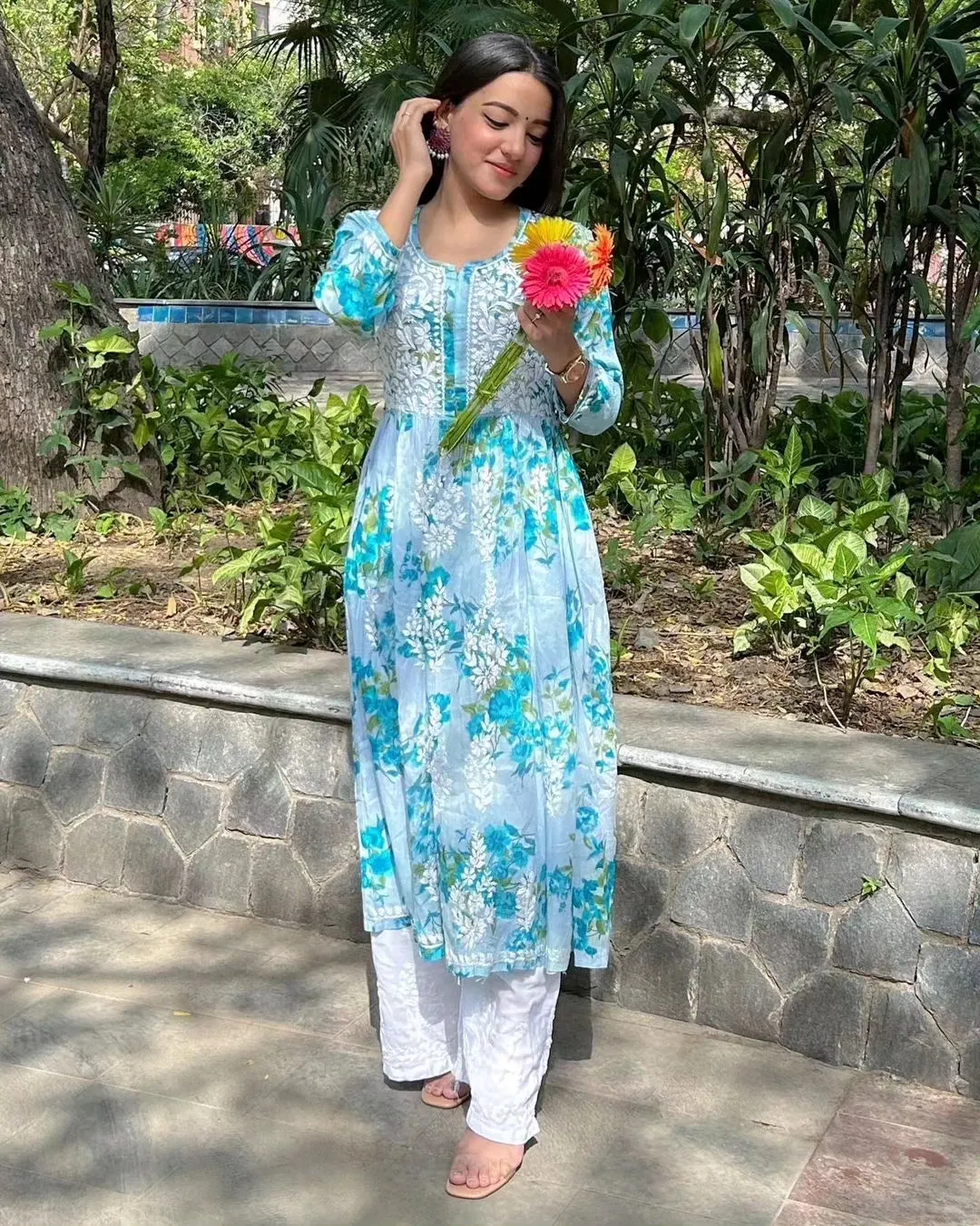 Ada Mulmul Floral Chikankari Dress