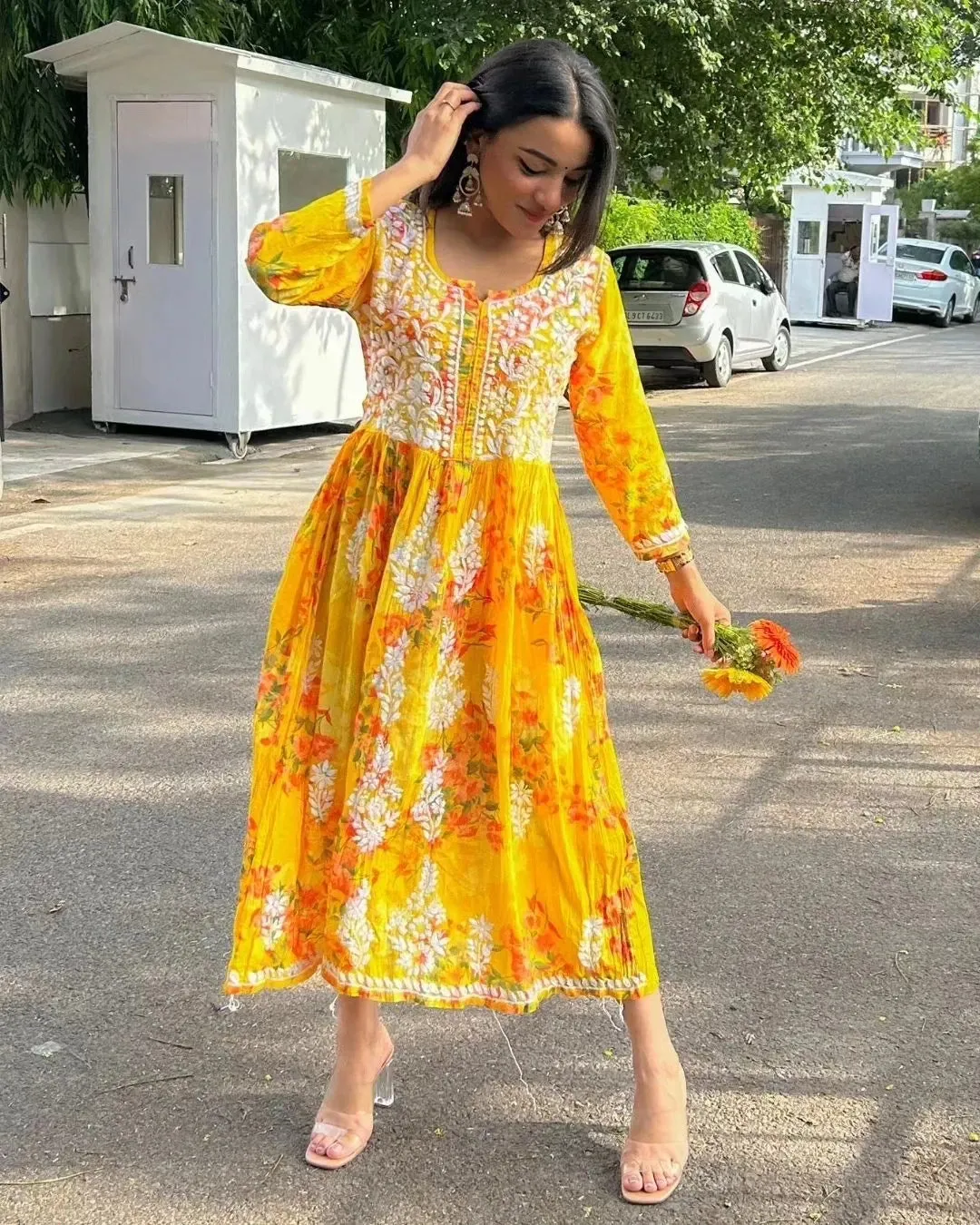 Ada Mulmul Floral Chikankari Dress