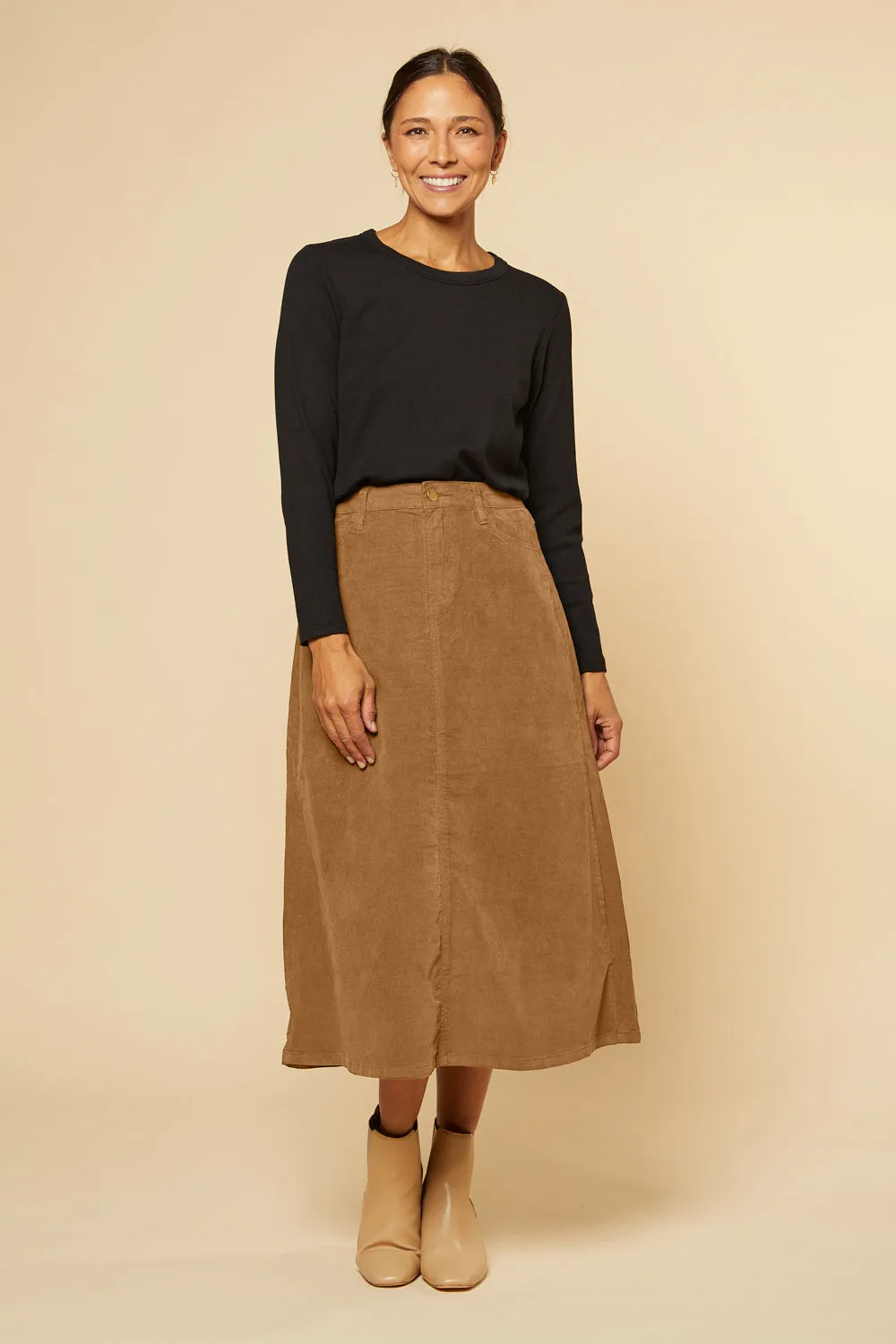 Adrift A-Line Brushed Cotton Skirt in Camel