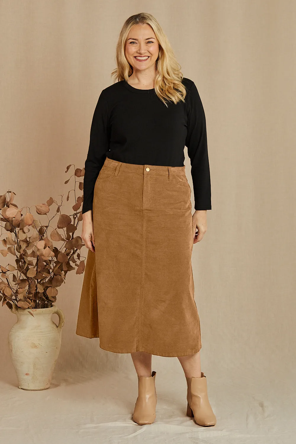 Adrift A-Line Brushed Cotton Skirt in Camel