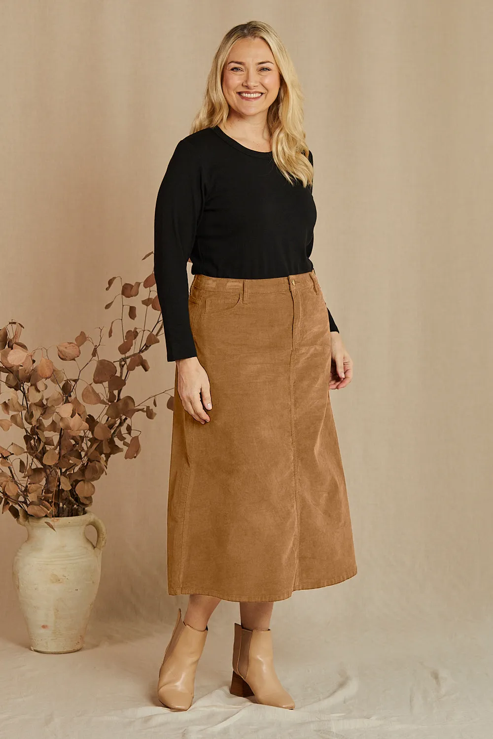 Adrift A-Line Brushed Cotton Skirt in Camel