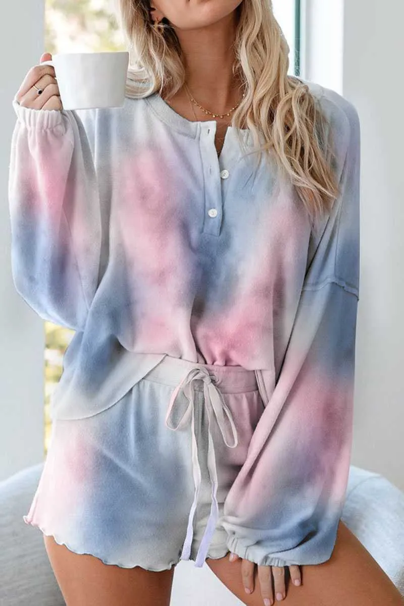 Aesthetic Pastel Tie Dye Knit Pullover Top And Scalloped Ruffle Knit Shorts Sets