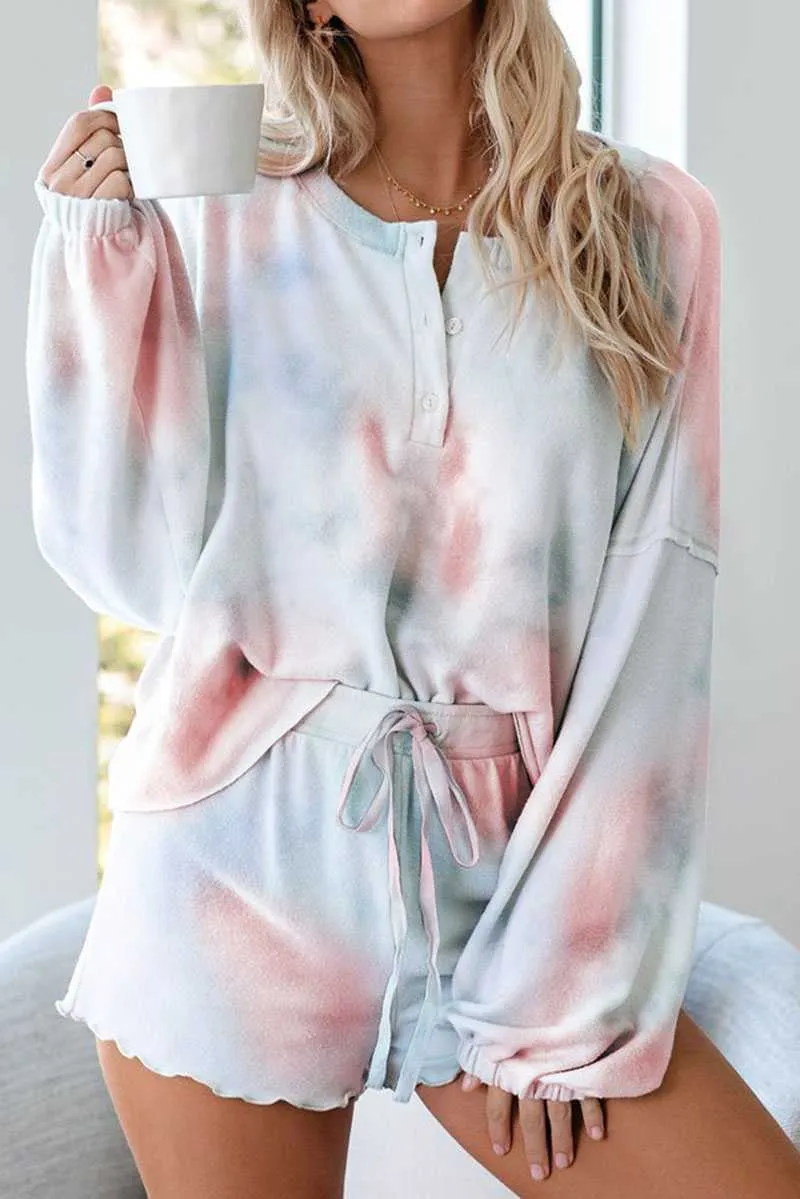 Aesthetic Pastel Tie Dye Knit Pullover Top And Scalloped Ruffle Knit Shorts Sets