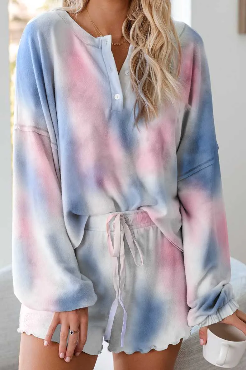 Aesthetic Pastel Tie Dye Knit Pullover Top And Scalloped Ruffle Knit Shorts Sets