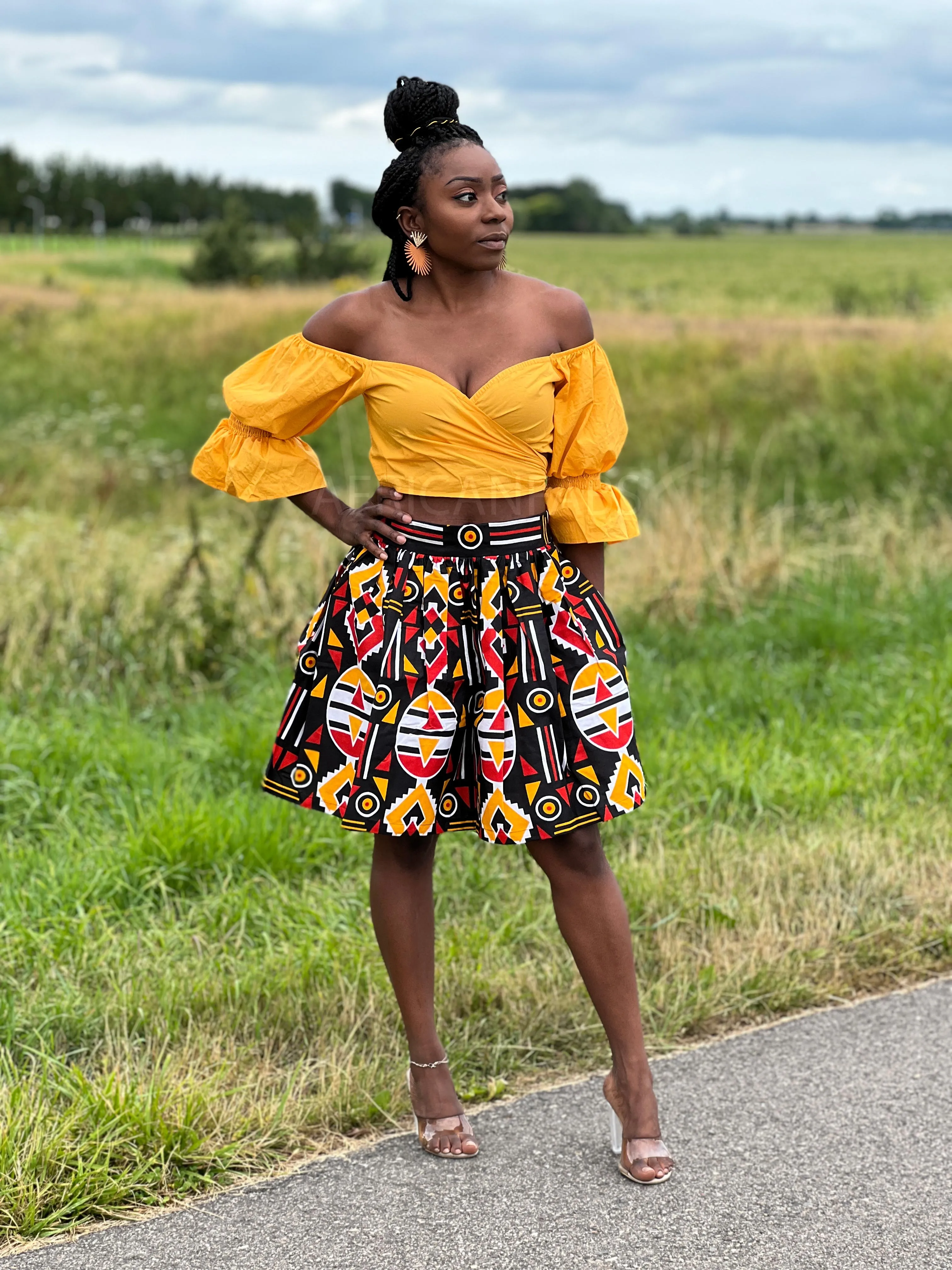 African print mini skirt - Red Yellow Bogolan / Mud cloth