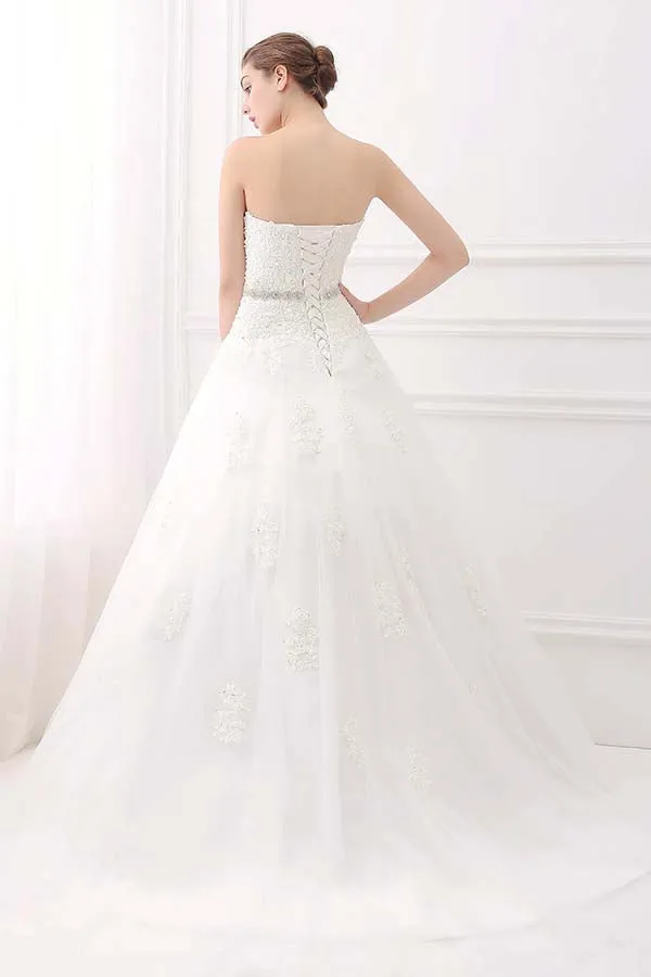 Alfa Bridal Strapless Sweetheart Belt Lace Ball Gown Wedding Dresses (AW009)