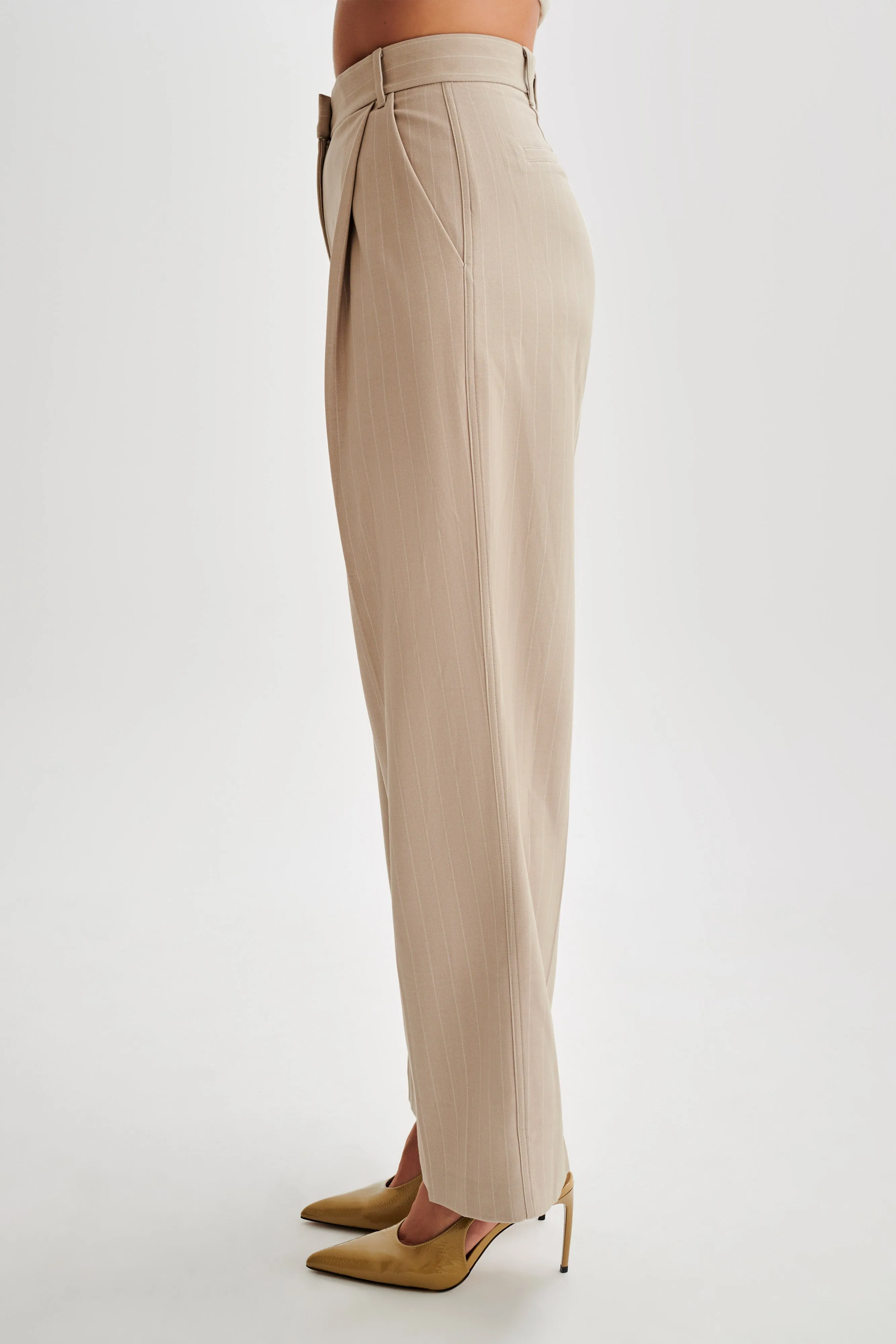 Amelie Suiting Straight Leg Pants - Taupe Pinstripe