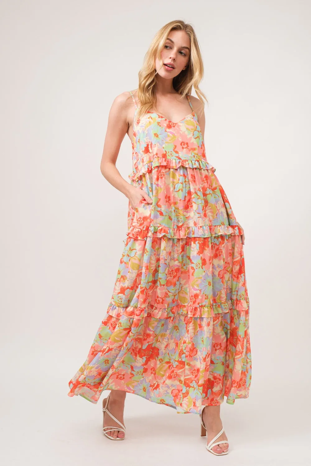 And The Why Floral Ruffled Tiered Maxi Adjustable Strap Cami Dress