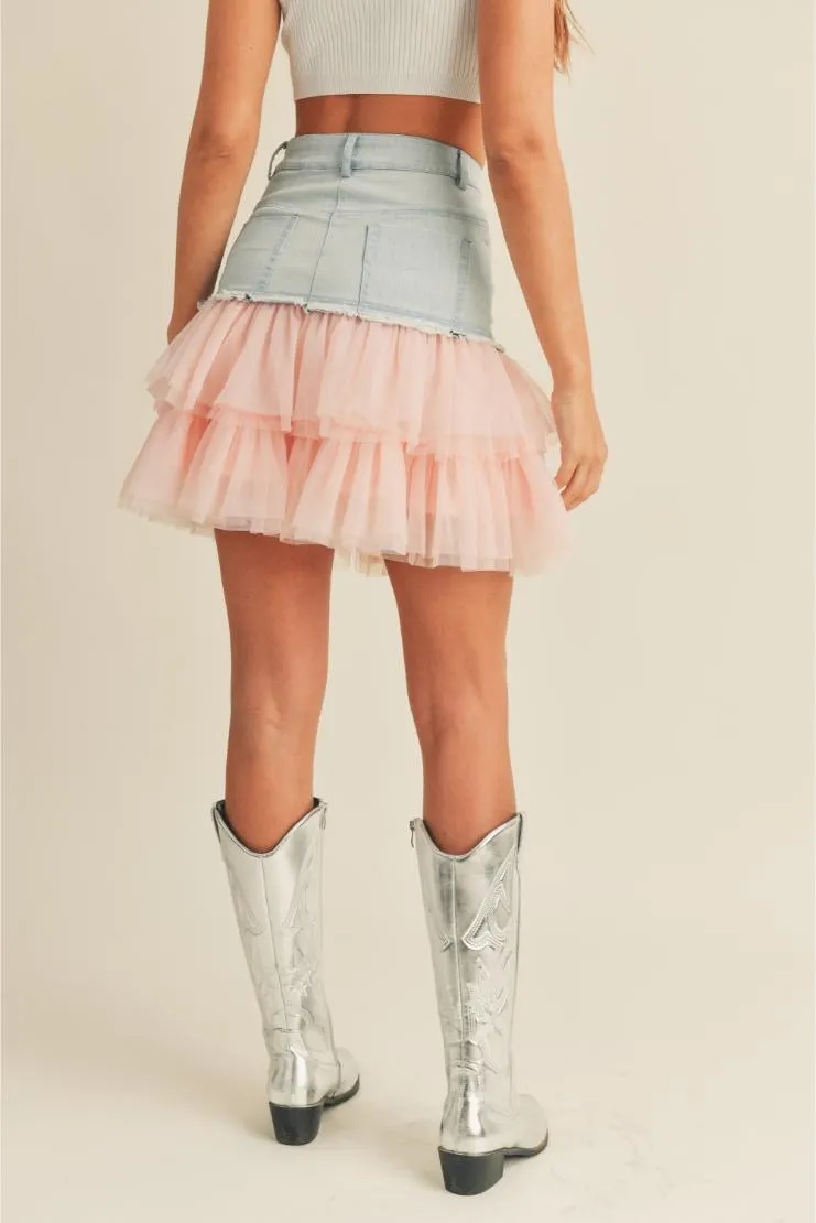 Annie Denim & Tulle Ruffle Mini Skirt