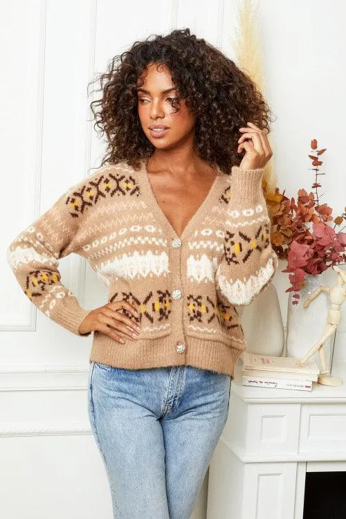 Aztec Print Cardigan in Camel