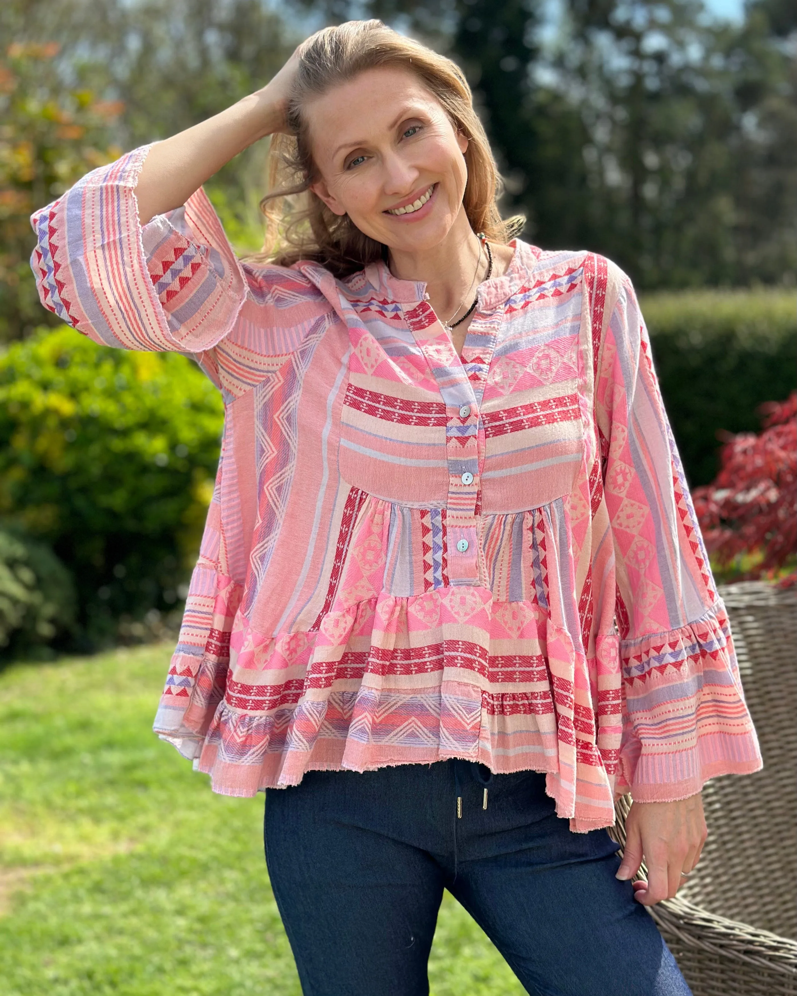 Aztec Print Tunic Top - Pinks, Grey And Cream