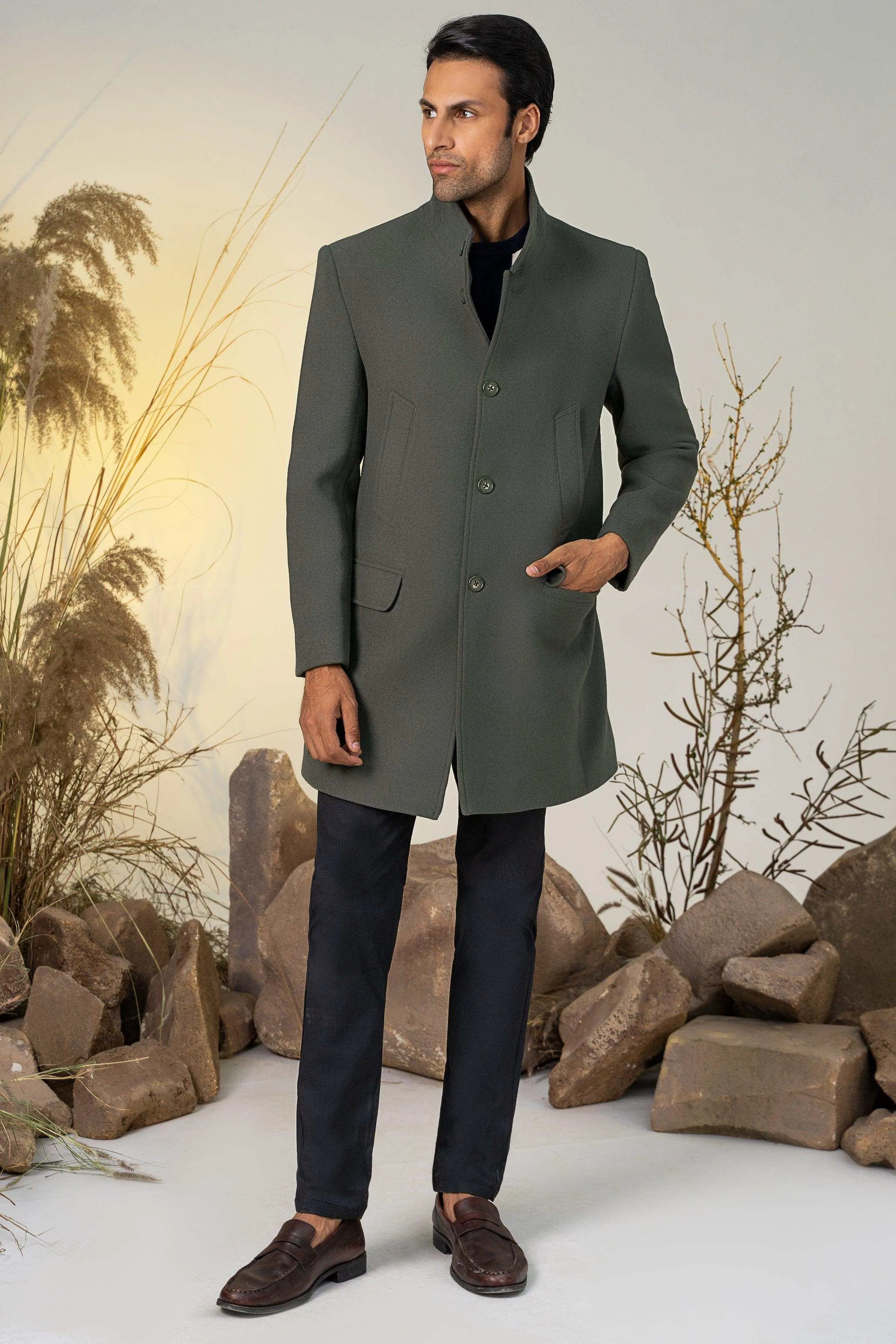 BAN COLLAR LONG COAT GREEN