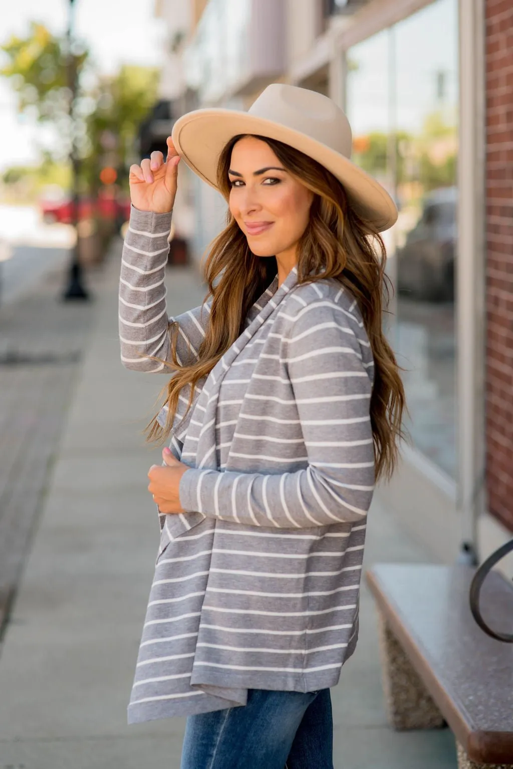 Basic Striped Waterfall Cardigan