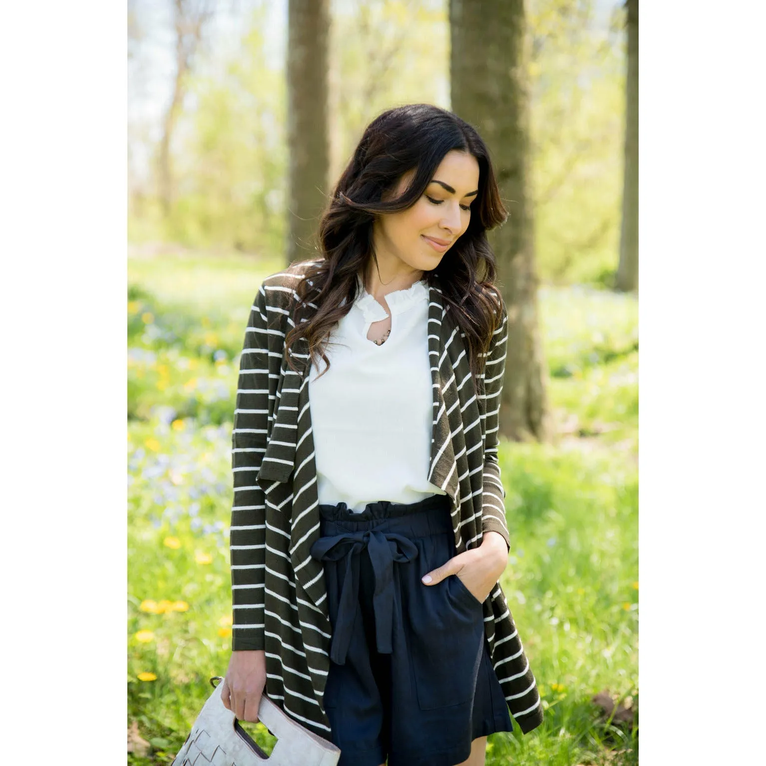 Basic Striped Waterfall Cardigan