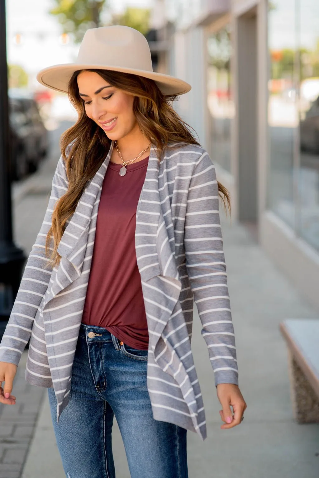 Basic Striped Waterfall Cardigan