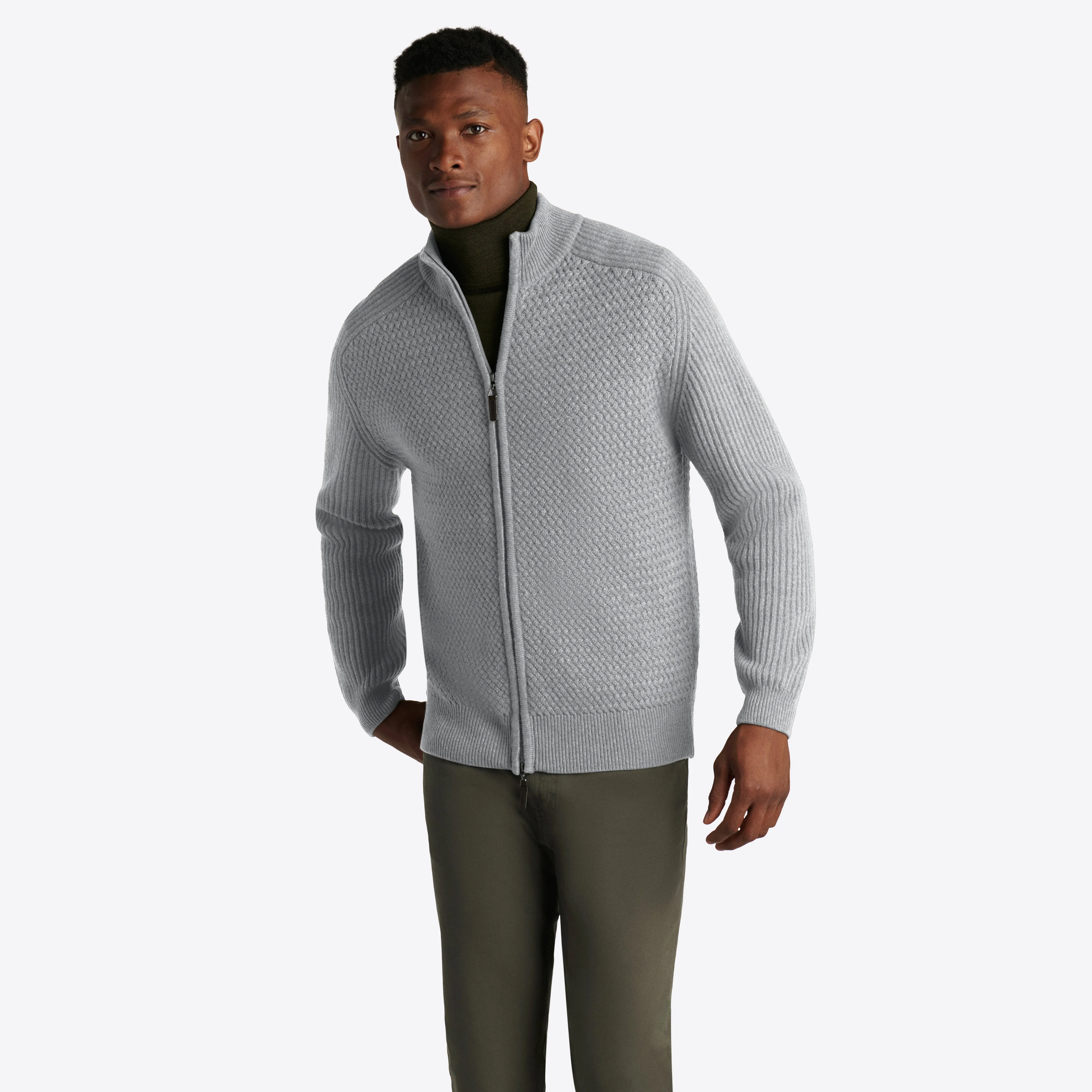 Basketweave Knit Full Zip Mock Neck Sweater