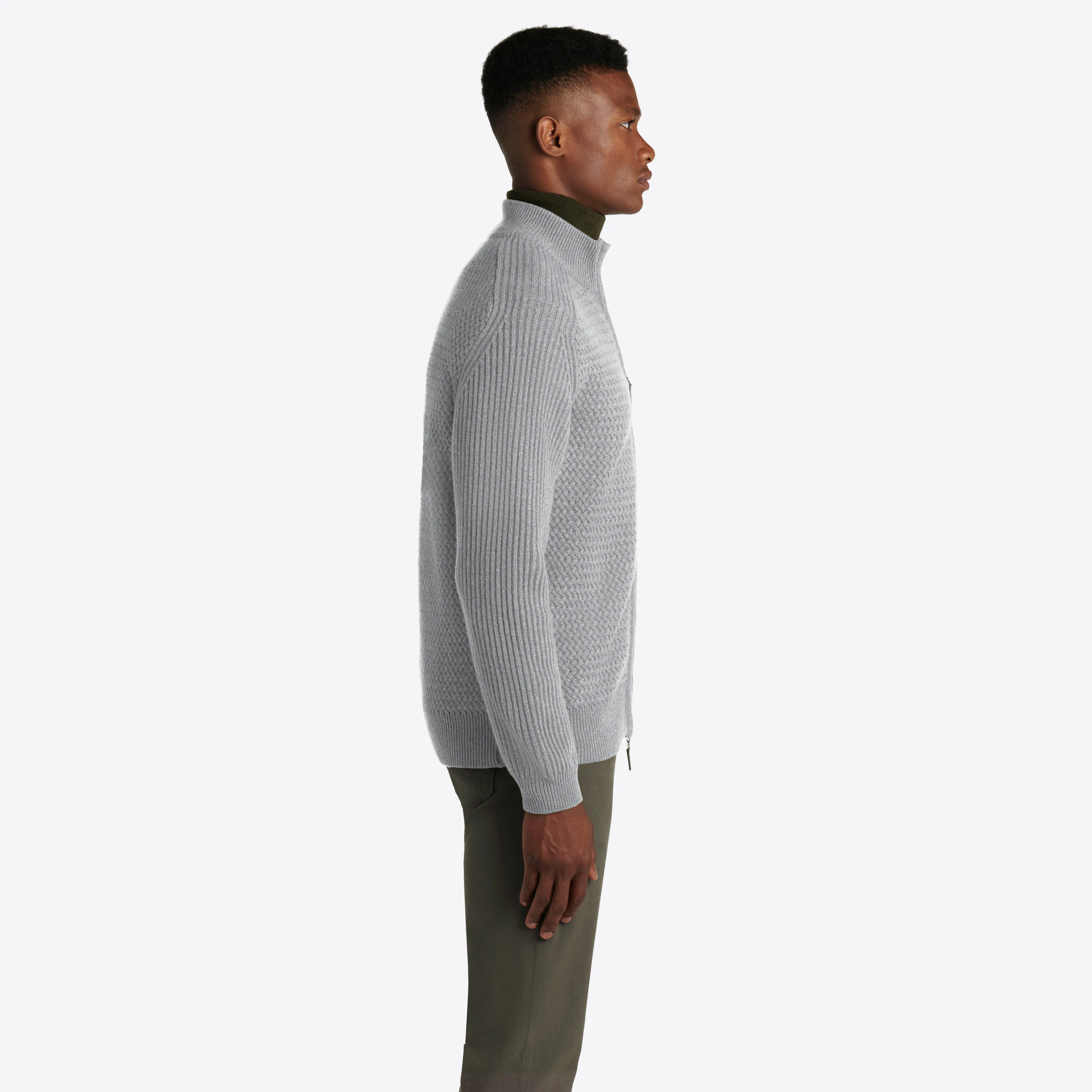 Basketweave Knit Full Zip Mock Neck Sweater