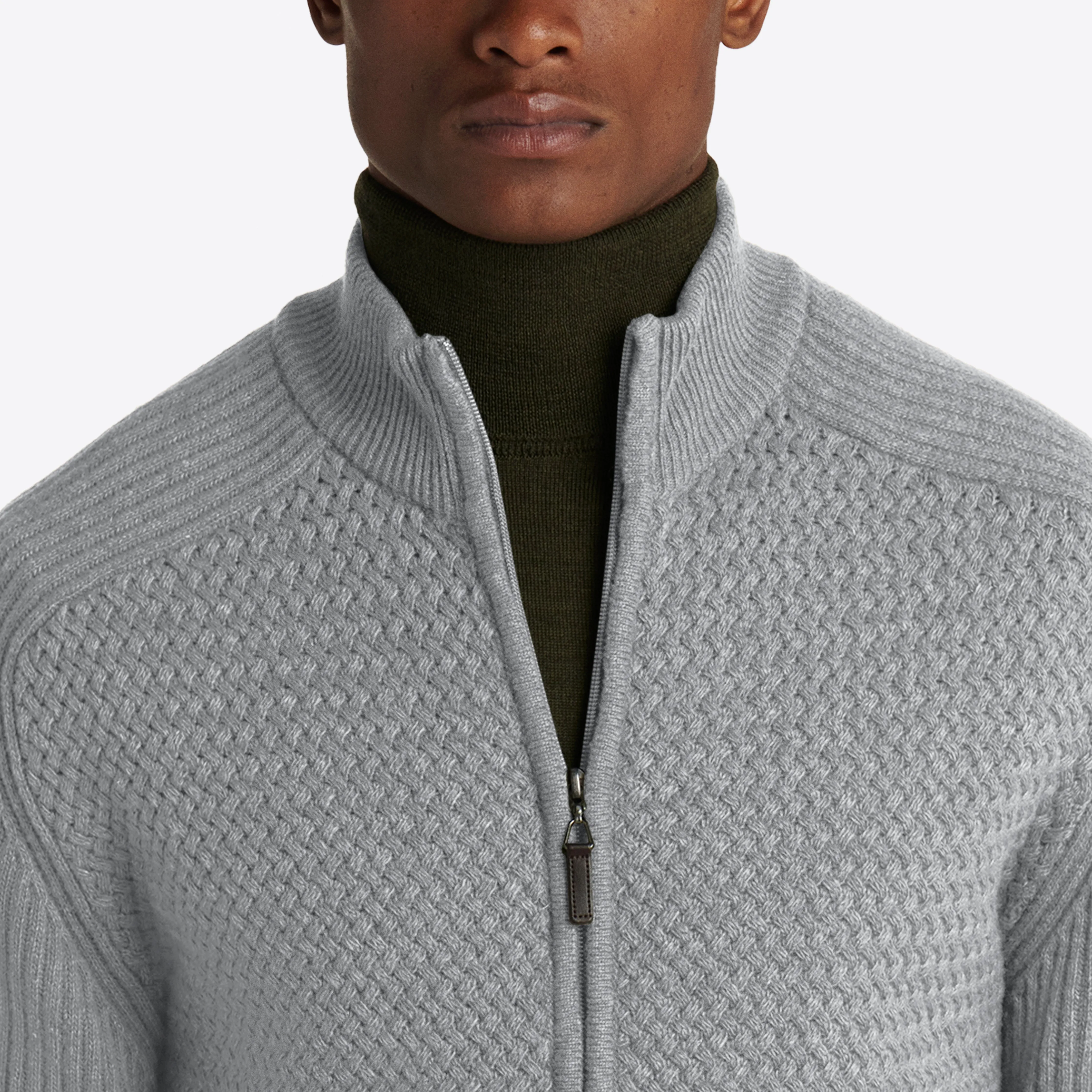 Basketweave Knit Full Zip Mock Neck Sweater