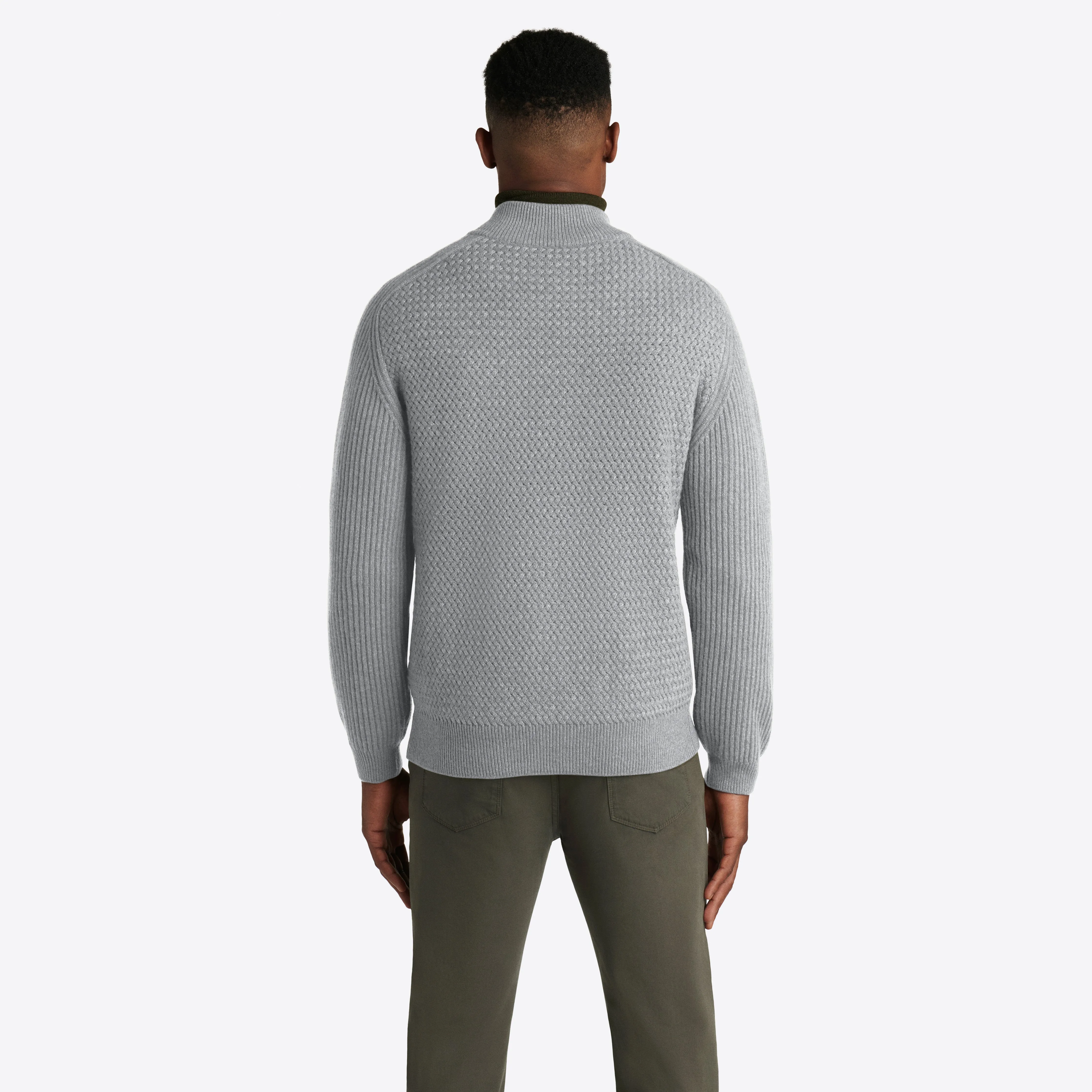 Basketweave Knit Full Zip Mock Neck Sweater