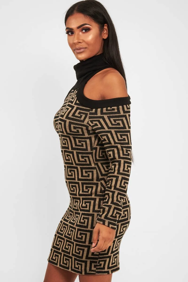 Beige Black Repeat Pattern Cold Shoulder Dress - Donya