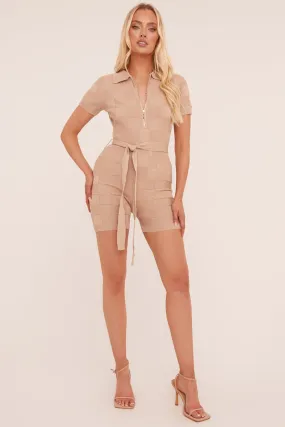 Beige Knit Zip Front Belt Detail Playsuit - Haydi