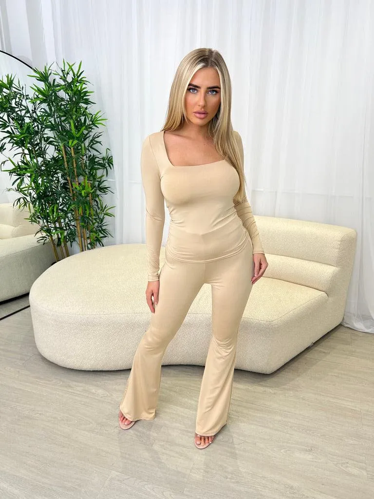 Beige Slinky Flared Trousers