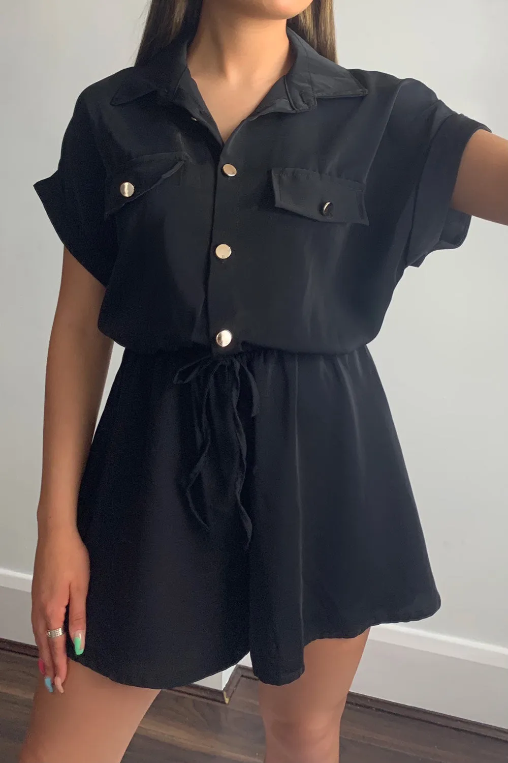 Black Button Up Tie Waist Playsuit