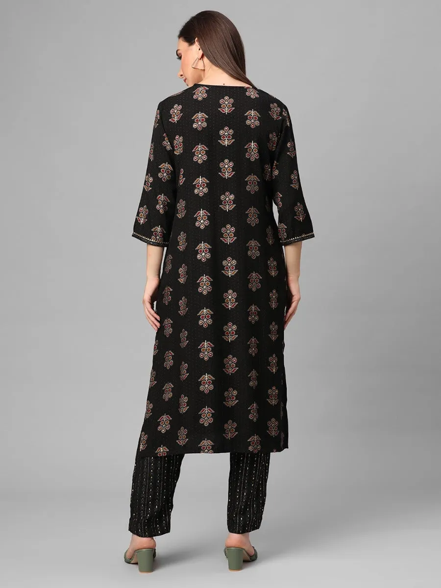 Black Floral Printed Kurta With Trouser