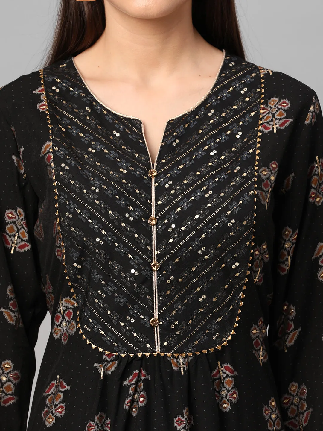 Black Floral Printed Kurta With Trouser