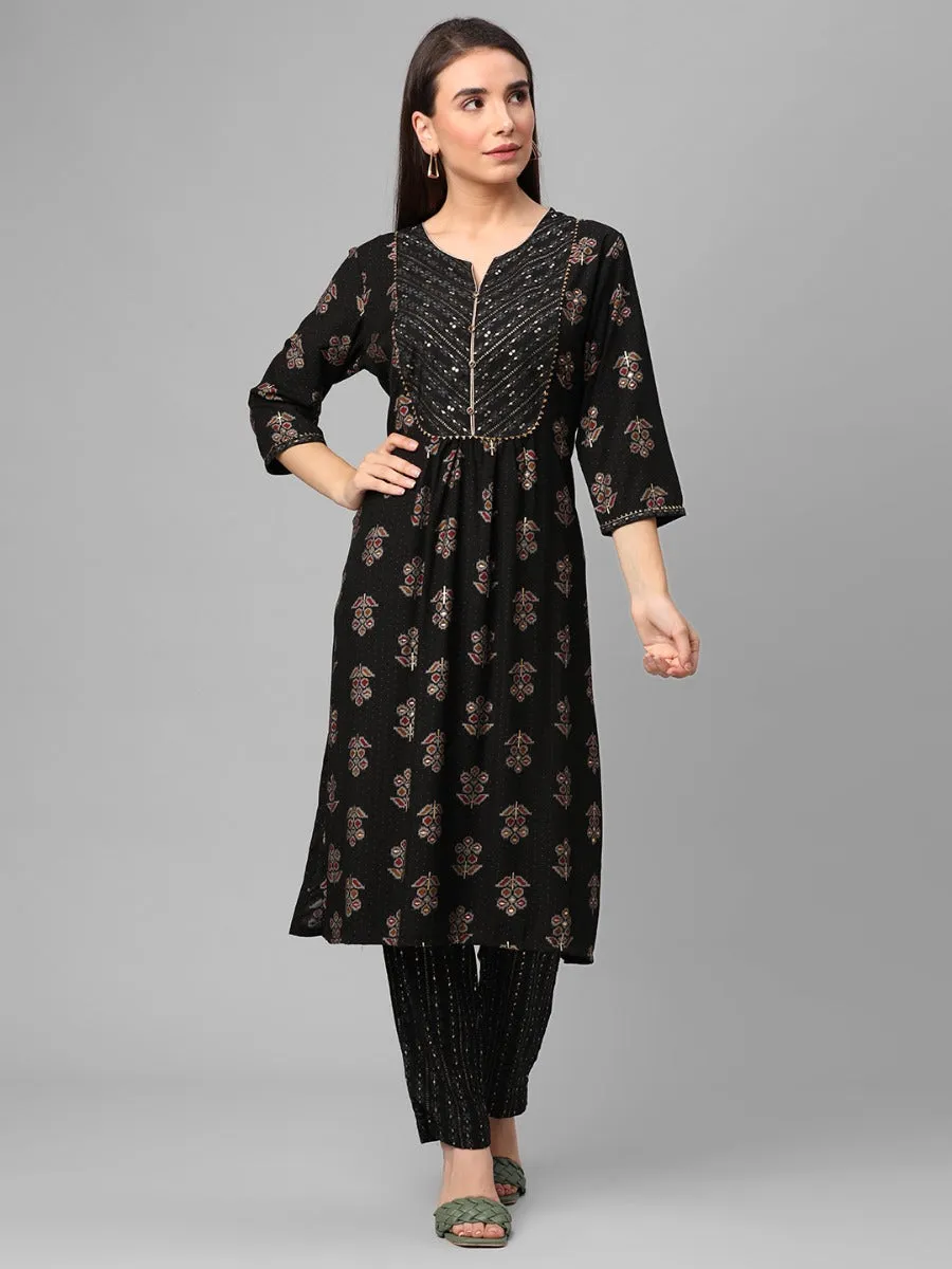 Black Floral Printed Kurta With Trouser