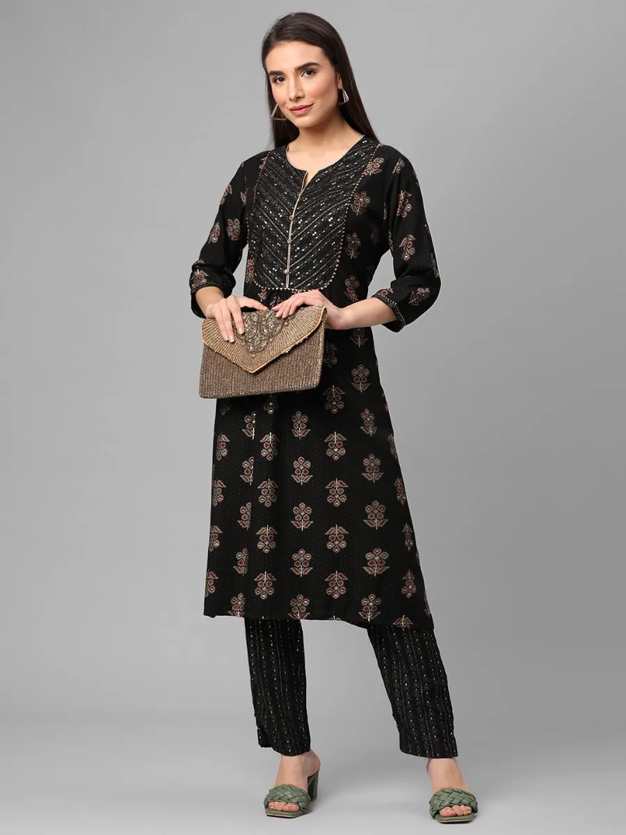 Black Floral Printed Kurta With Trouser