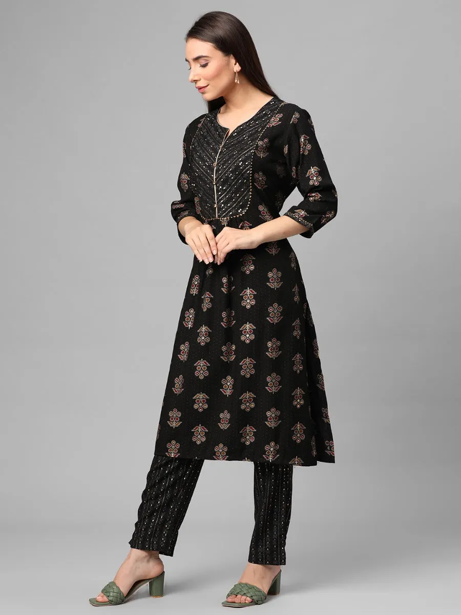 Black Floral Printed Kurta With Trouser