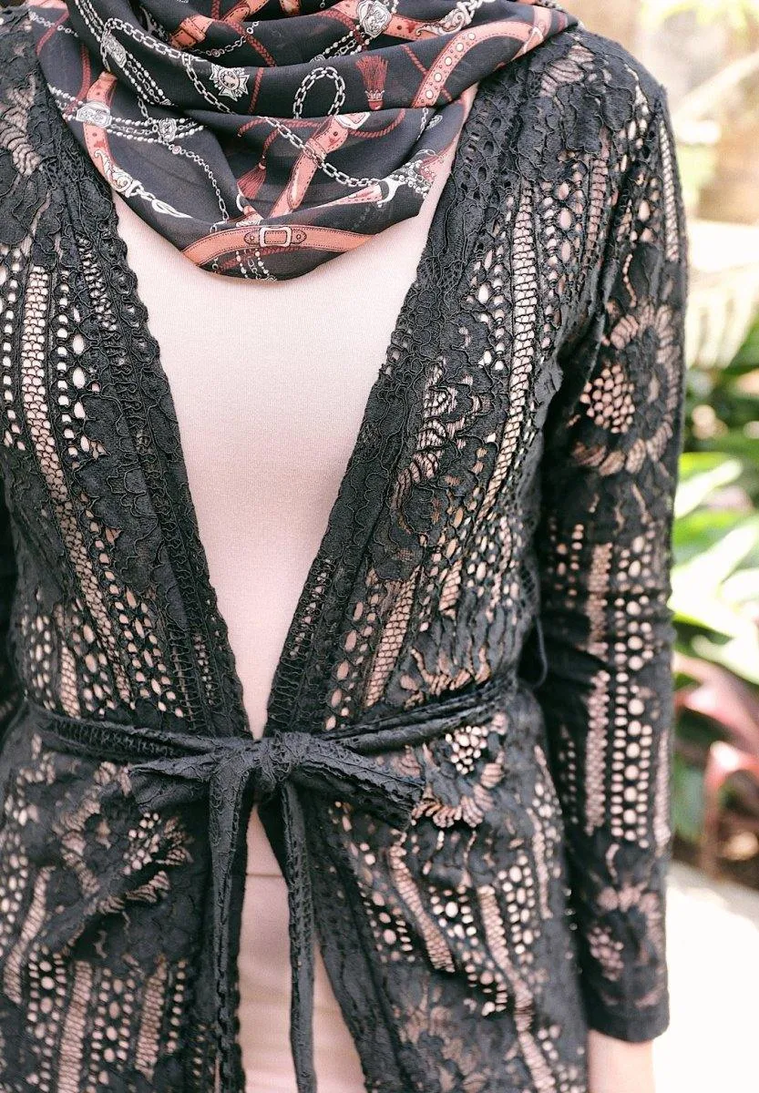 Black Lace Tie Waist Cardigan