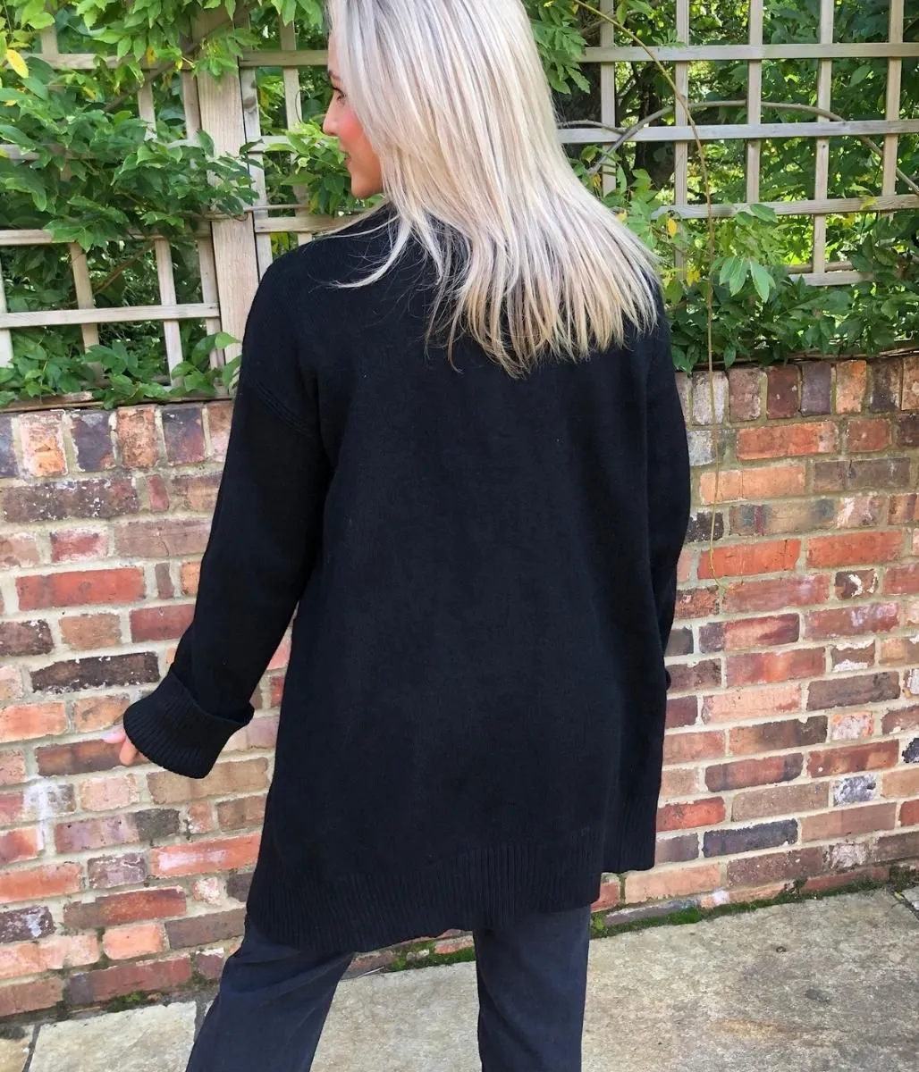 Black Longline Rib Detail Cardigan