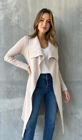 Blakely Beige Drape Tie Waist Long Cardigan