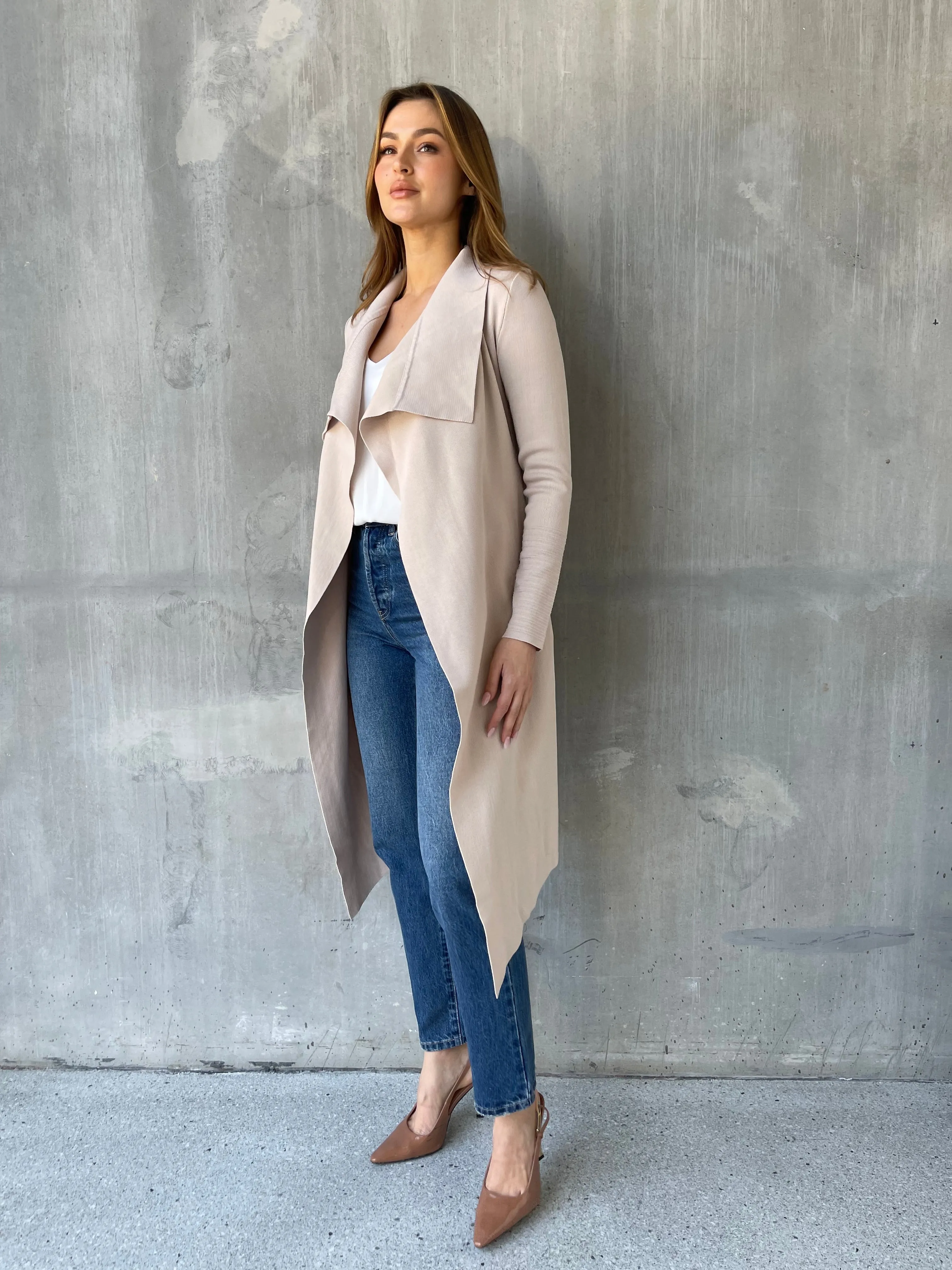 Blakely Beige Drape Tie Waist Long Cardigan