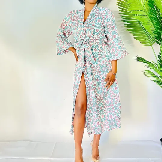 Block Print Cotton Kimono with Pockets