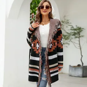 Boho Fringe Trim Open Front Hooded Geometric Jacquard Knit Cardigan