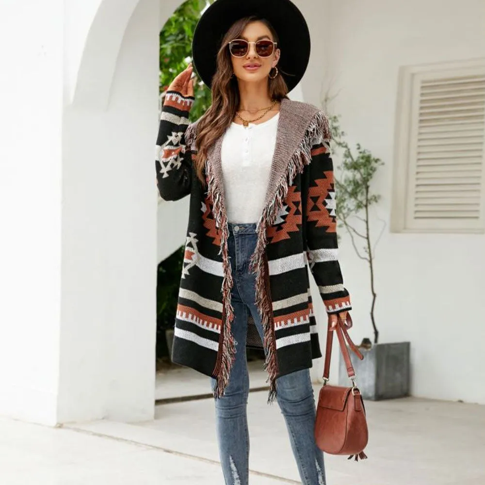 Boho Fringe Trim Open Front Hooded Geometric Jacquard Knit Cardigan