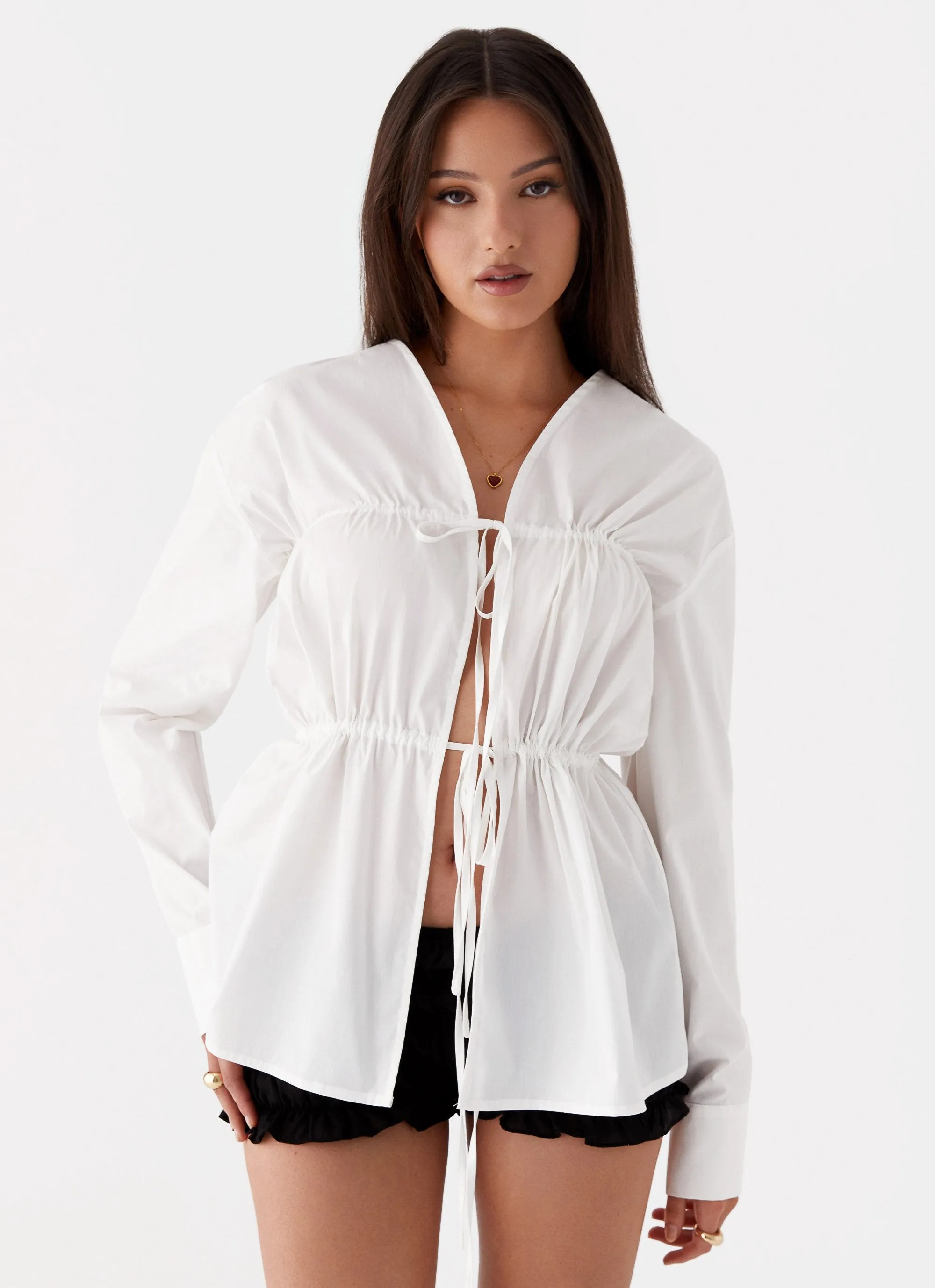 Bridget Ruched Tie Front Shirt - White