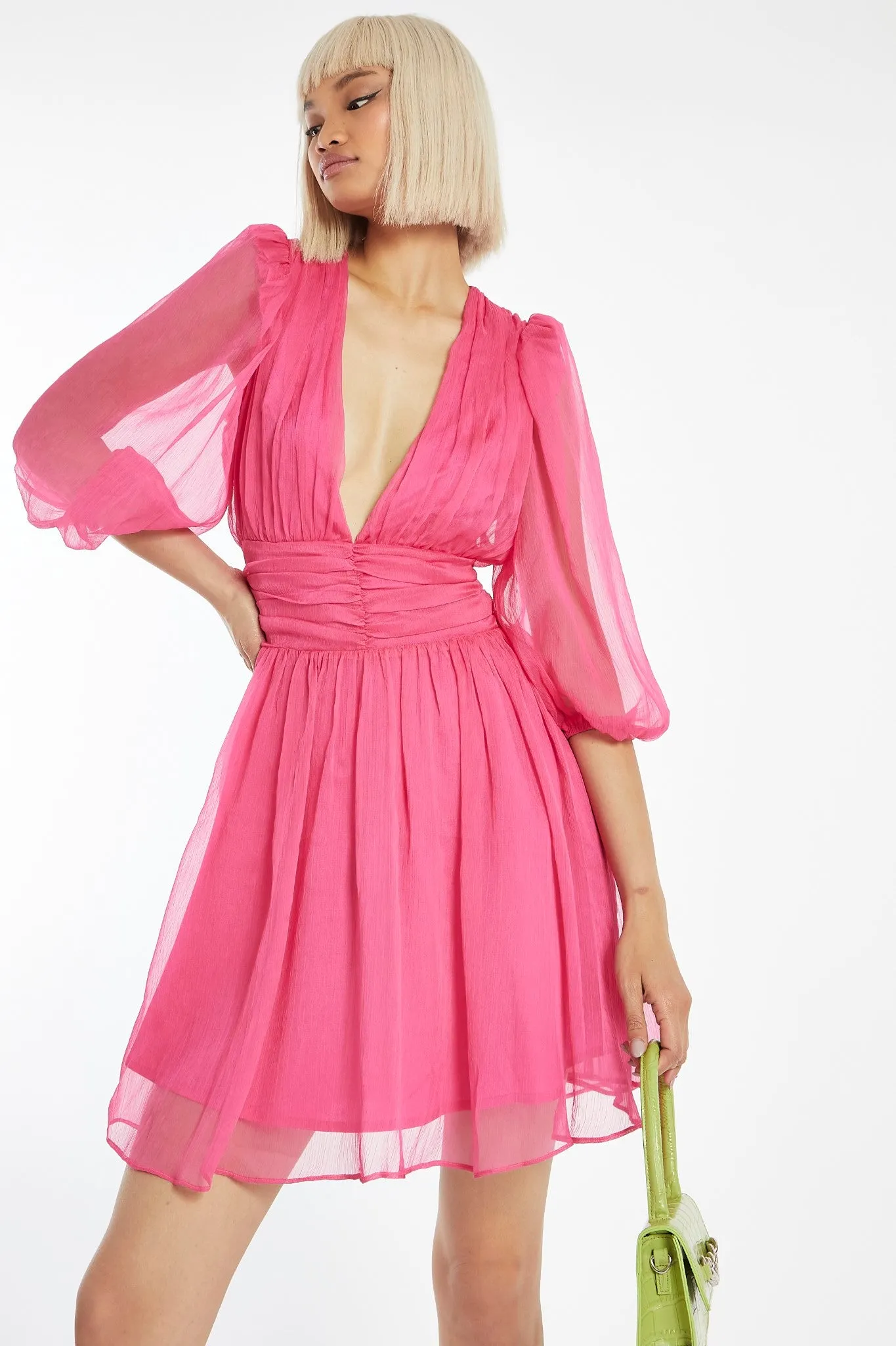 Bright-Pink Gathered Plunge Puff Sleeve Mini-Dress