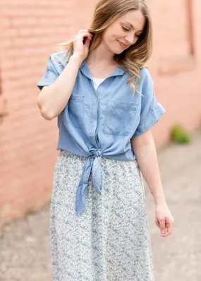 Button Up Chambray Short Sleeve Tie Front Shirt